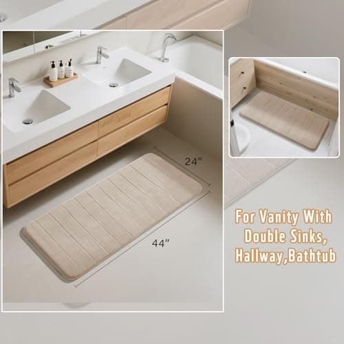 Yimobra Memory Foam Bath Mat Large Size 44 x 24 Inches, Comfortable, Soft, Super Water Absorption, Machine Wash, Non-Slip, Thick, Easier to Dry for Bathroom Floor Rug, Beige