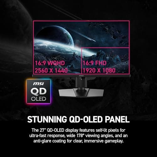 MSI MPG 271QR QD-OLED X50 27-inch 2560 x 1440 (QHD) Gaming Monitor, 500Hz, AMD Adaptive-Sync, HDR Ready, HDMI, VGA Port, VESA Mountable, Tilt, 4-Side Slim Bezel, 0.03ms, Black — view 3