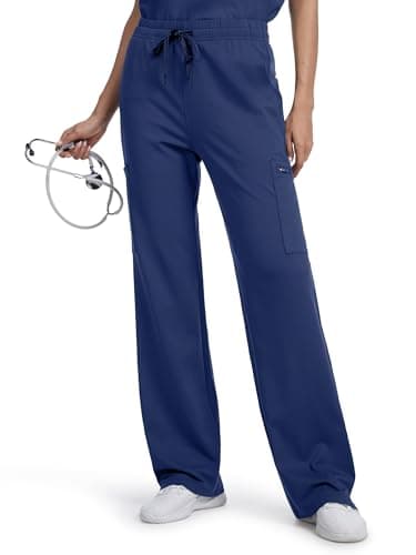 Tapata Wide Leg Scrub Pants for Women - 28/30/32/34 Inseam High Rise Straight Leg Yoga Scrub Uniform Pants with 7 Pockets, 32", X-Large, Navy Blue