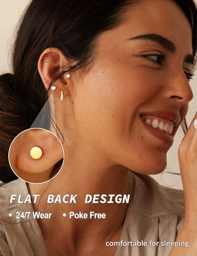 Hypoallergenic Gold Stud Earrings for Women - 14k Gold Plated Surgical Stainless Steel Flat back Earrings Set Small Huggie Hoop Flatback Earring for Sensitive Ears Screw Back Cartilage Piercing Jewelry — view 2