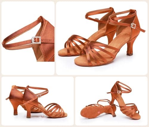 Rosefinch Latin Dance Shoes for Womens Satin Ballroom Salsa Practice Performance Wedding Dancing Shoes High Heels Dancing Shoes for Girls Ladies 7cm Brown 37 — view 4