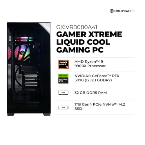 CyberPowerPC Gaming PC, AMD Ryzen 9 9900X, GeForce RTX 5070 12GB | Gamer Xtreme, 32GB DDR5, 1TB PCIe 4.0 SSD, WiFi Ready & Windows 11 Home (GXiVR8080A41)
