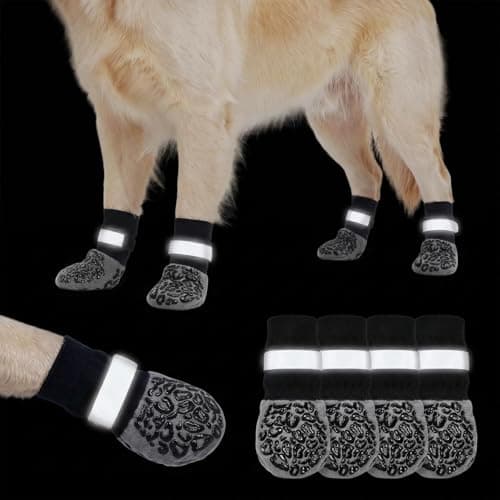 Anti Slip Dog Socks to Prevent Licking Paws Reflective Safety Dog Shoes for Hot Pavement Winter Dogs Boots & Paw Protectors with Grippers for Hardwood Floors Small Medium Large Dogs (Leopard Print, L)