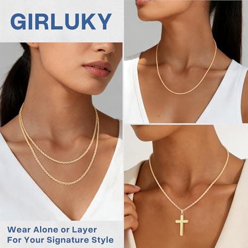 Girluky 14K Gold Plated Chains Necklace for Women, 2MM Rope Chains Gold Chain for Women Sturdy Gold Chain, Gold Necklace 18 Inch — view 3