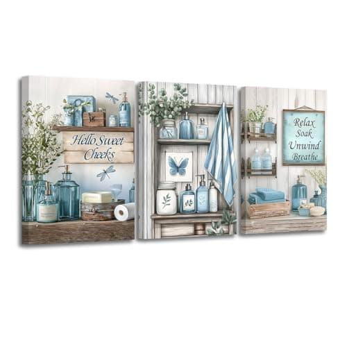 CXHOSTENT 3Pcs Blue Bathroom Wall Art Decor Rustic Bathroom Picture Quotes Sign Canvas Prints Farmhouse Toilet Paintings for Washroom Decor Framed (Blue, 11x14inchx3 Pieces)