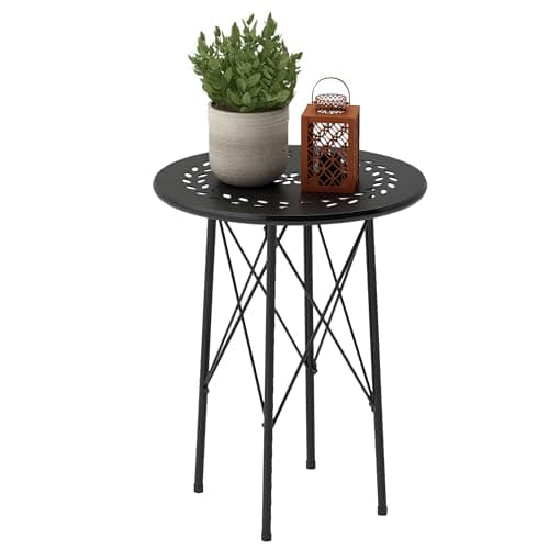 Outsunny 15.7" Round Garden Table with Floral Cut-Out, Steel Balcony Side Bistro Coffee Table, Outdoor Furniture with Adjustable Feet for Patio Garden, Black