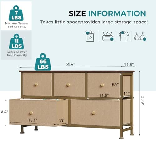 OLIXIS 5 Drawer Dresser for Bedroom, Storage Organizer for Closet, Khaki — view 2