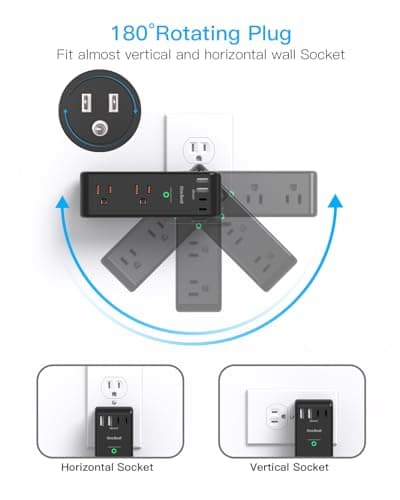Surge Protector Outlet Extender - with Rotating Plug, 6 AC Multi Plug Outlet with 3 USB Ports (1 USB C), 1800 Joules, 3-Sided Swivel Power Strip with Spaced Outlet Splitter for Dorm, Office, Black — view 2