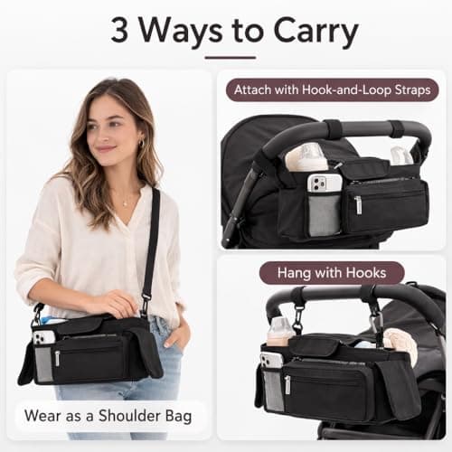 Black Stroller Organizer with Insulated Cup Holders, Universal Stroller Caddy Bag with Adjustable Straps, Tissue Pocket, Phone Pocket and Multi Compartment Storage — view 4