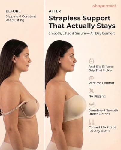 SHAPERMINT Convertible Strapless Bras for Women - Compression Wireless Bandeau Bra Top Beige — view 4