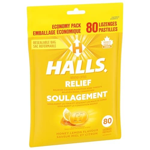 HALLS Honey Lemon Flavour Cough Drops, Throat Lozenges, Sore Throat Relief, Mentho-Lyptus, 80 Lozenges, Prepared in Canada — view 9