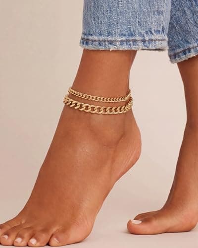 Tewiky Chunky Ankle Bracelets for Women,Dainty Layered Waterproof Anklet for Women Adjustable Cuban Set Stackable Cute Summer Beach Jewelry Gift — view 2