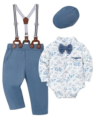 SOLOYEE Baby Boy Clothes Suits 6-9 Months Baby Boys Formal Wedding Outfits Long Sleeve Dress Shirt + Suspender Pants + Bowtie + Beret Gentleman Clothing Set (Capri Blue, 6-9 Months)