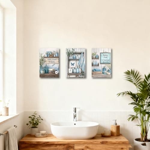 CXHOSTENT 3Pcs Blue Bathroom Wall Art Decor Rustic Bathroom Picture Quotes Sign Canvas Prints Farmhouse Toilet Paintings for Washroom Decor Framed (Blue, 11x14inchx3 Pieces)