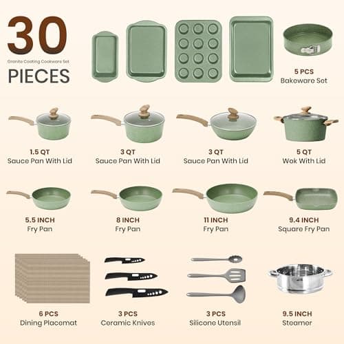 Kitchen Academy Pots and Pans Set Non Stick, 30 Pieces Induction Cookware and Bakeware, Green Granite Coating Cooking Sets — view 5