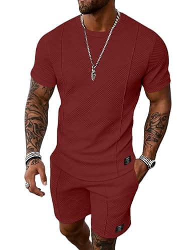 UOUA Mens Short Sets 2 Piece Summer Outfits Casual Short Sleeve Crew-Neck Shirts & Shorts Track Suit Jogging Loungewear, Wine Red 2XL