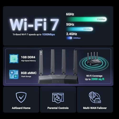 GL.iNet GL-BE9300 (Flint 3) Tri-Band WiFi 7 Router, High-Speed 6GHz Gaming WiFi Router for Wireless Internet, Long Range, 5 x 2.5G VPN Routers for Fiber Optic Modem, Computer Routers, Home & Business — view 2