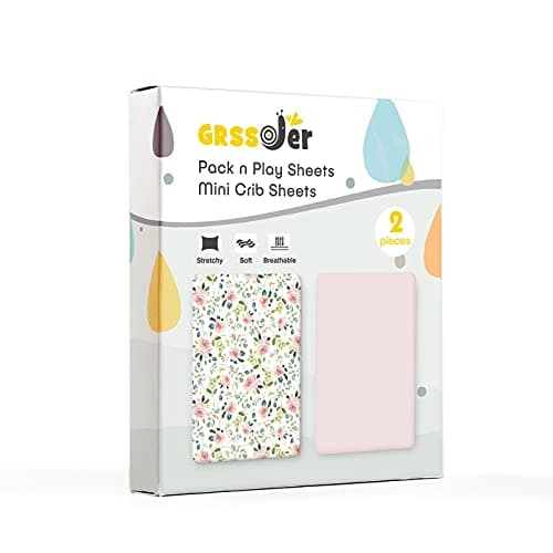 GRSSDER Stretchy Ultra Soft Jersey Knit Fitted Pack n Play Sheets Set 2 Pack, Portable/Mini Crib Sheets, Snug and Safe Playards Sheet for Baby, Pink Rose Stylish Print