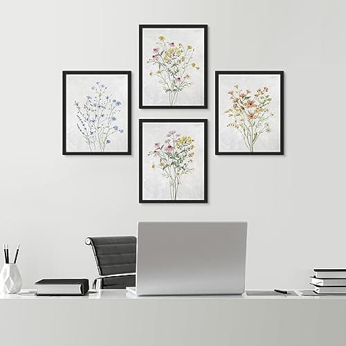 SIGNWIN Framed Colorful Wildflower Still Life Wall Art, Set of 4 Floral Botanical Print Wall Decor Prints, Nature Wilderness Wall Décor for Living Room, Bedroom - 11"x14" Black