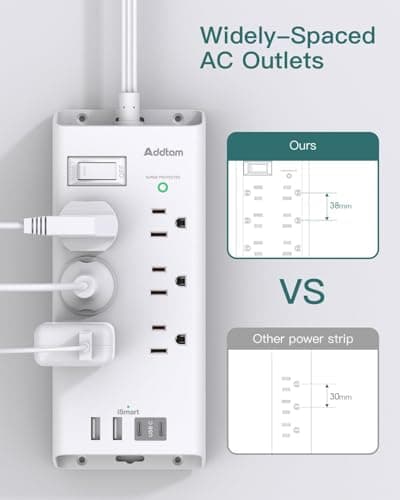 Power Strip Surge Protector - Addtam 10Ft Long Extension Cord with 6 Outlets and 4 USB Ports(2USB C), Flat Plug Overload Surge Protection Outlet Strip, Wall Mount for Home, Office and More — view 5