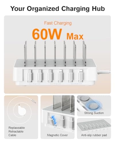 SooPii HomeHub H1 Charging Station for Multiple Devices with 6 Retractable Cables（4*C+2*IP）,60W PD Charger Station for iPhone/Tablet,Tangle-Free Charging Organizer (White) — view 3