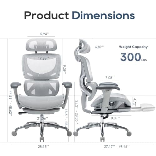 COLAMY Ergonomic Mesh Office Chair with Footrest, Executive High Back Computer Desk Chair with Wide Headrest and Adjustable 3D Arms, Backrest Height, Tilt Lock and Lumbar Support, Grey — view 2