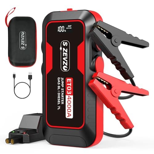 S ZEVZO ET03 4000A Car Jump Starter Jump Starter Battery Pack for Up to 8.0L Gas and 7.0L Diesel Engines, 74Wh Portable 12V Jump Box with USB Ports, LCD Display, Storage Case, and LED Light