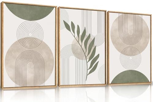 HPNIUB HPINUB Sage Green Framed Canvas Prints Wall Art Set, Abstract Botanical Boho Wall Decor, Minimalist Geometric Line Leaf Canvas Artwork for Living Room, Bedroom, Dining Room, Office, Bathroom -