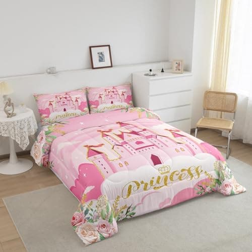 Manfei Kids Princess Comforter Set Bed in a Bag Twin Size 2 Piece Soft Cute Pink Princess Castle Girls Bedding Set (1 Comforter, 1 Pillowcase) — view 4