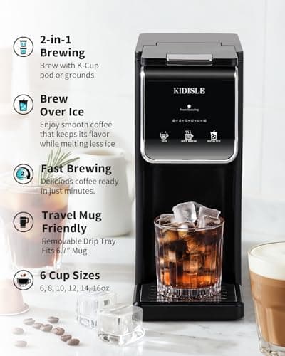KIDISLE Hot & Iced Single Serve Coffee Maker for K Cup & Grounds, 6–16oz Brew Sizes, 40oz Water Tank, Reusable Pod Filter, Easy-to-Use, Black