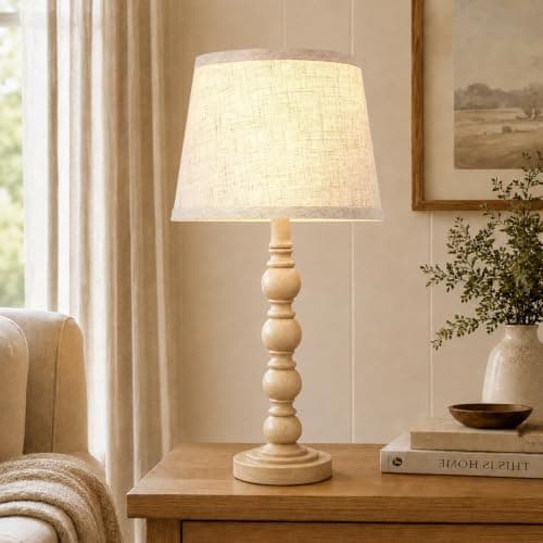 Farmhouse Table Lamps Set of 2, 21" Vintage Nightstand Desk Lamps with Linen Shades, Rustic Resin Bedside Lamps for Bedroom, Living Room, Office, Includes LED Bulbs with 3 light settings, Beige — view 4