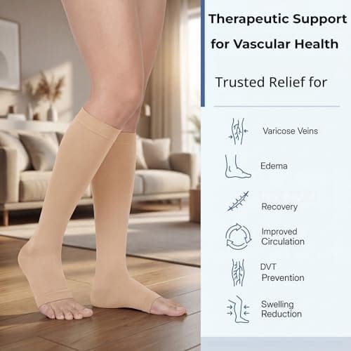MGANG Medical Compression Stockings for Women & Men, 20-30 mmHg Graduated Knee High Socks, Firm Support for Nurses, Pregnancy, Flying, Varicose Veins — Open Toe, Latex-Free, Beige X-Large — view 4