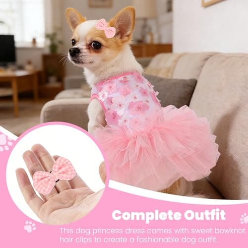 SIMCAPY Dog Dress, Fashion Puppy Tutu Princess Dresses for Small Dogs Girl, Sweet Skirt with Dog Bowknot Clips, Spring Dog Cat Clothes Pet Apparel (Pink Floral Dress, XXX-Small) — view 5