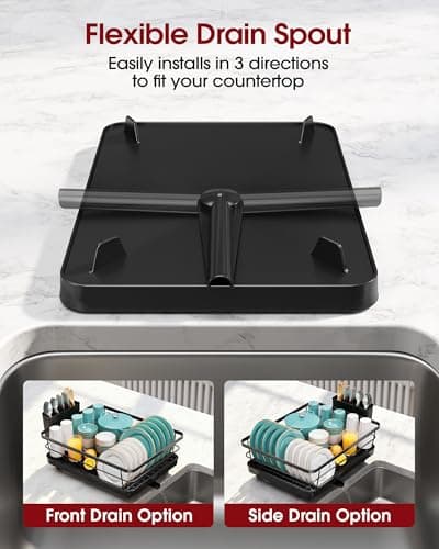 Sakugi Dish Drying Rack - Compact Dish Racks with Drain Board for Kitchen Counter, Durable Stainless Steel Dish Rack Used in Sink & on Countertop, Dark Black, Large — view 3