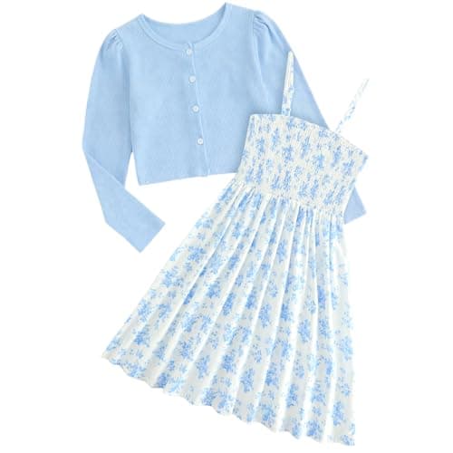 JiAmy Girl Dress and Cardigan 2Pcs Sets Toddler Summer Sleeveless Butterfly Floral Print A-line Dresses with Long Sleeve Coat Kids Casual Clothes for Girls 7-8 Years Blue