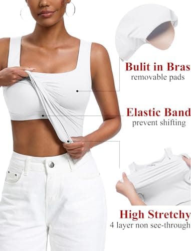 Avidlove Womens Built in Bra Tank Tops Double Lined U Neck Strechy Basic Summer Trendy Going Out Top(White M) — view 2