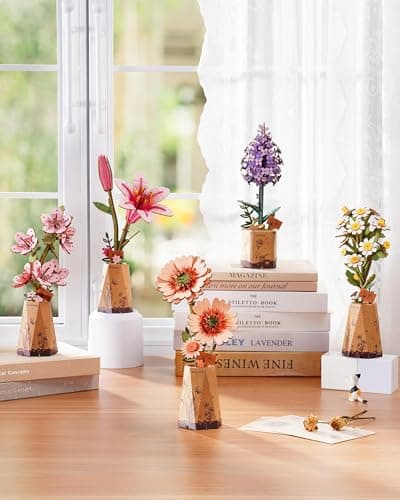 rowood 3D Puzzles for Adults,DIY Wooden Flower Building Craft Kits for Women,Christmas/Birthday Gift- Orange Gerbera Daisy — view 3