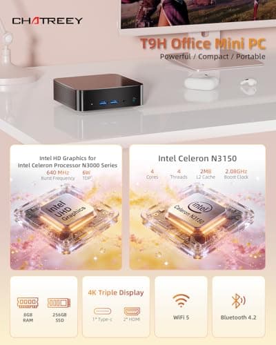 chatreey Mini PC N3150 (4C/4T, 2.08GHz Max) 8GB RAM 256GB SSD, 2X Type-c Mini Computer with 2x2K Display/WiFi 5/BT 4.2/RJ45 LAN/USB 3.0/6W TDP (1 PCs)