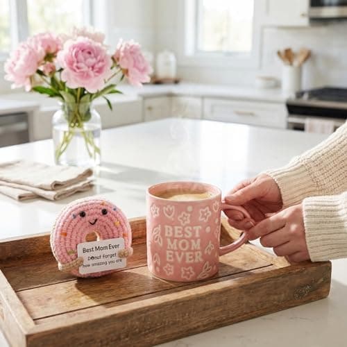 KyreDino Mothers Day Gifts, Best Mom Ever Gifts for Mom from Daughter, Pink Floral Embossed Pattern Mother's Day Mug and Handmade Donut Crochet Gifts Set — view 3