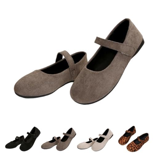 Women's Suede Mary Jane Round Toe Ballet Shoes, with Straps Lightweight Breathable Comfortable Dressy Shoe (Brown,10)