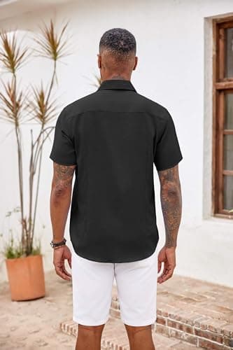 COOFANDY Men's Button Down Shirts Short Sleeve Casual Shirts Summer Beach Shirts Vacation Wedding Shirts with Pocket Black — view 5