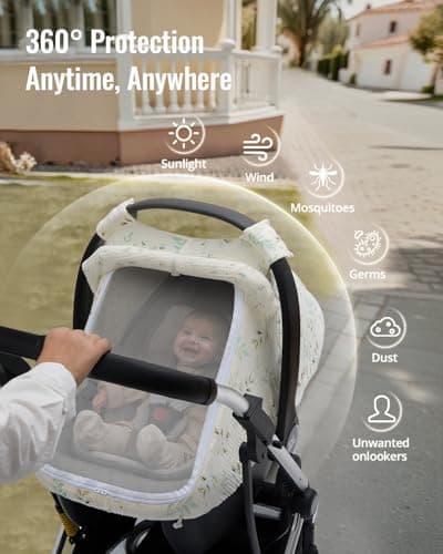 Blissful Diary Baby Car Seat Cover, Extra Large Mesh Window, Breathable Muslin Cotton, Infant Windproof Canopy, Must-Have Baby Gift - Botanical Leaf — view 2