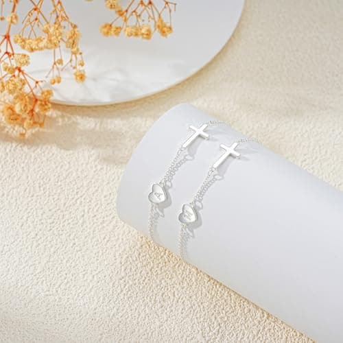 Lunvky 14k Gold Plated Initial Cross Bracelets for Women, Silver Dainty Cute Heart Name Letter Bracelet for Teen Trendy Stuff Confirmation Religious Christian Jewelry Birthday Jesus Gifts — view 5