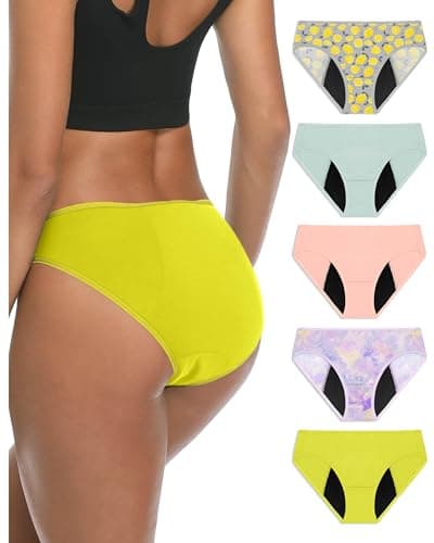 Neione Period Underwear Women Menstrual Panties High-Cut Cheeky Bikini Briefs Modal Leak Proof Undies 5 Pack Romance M