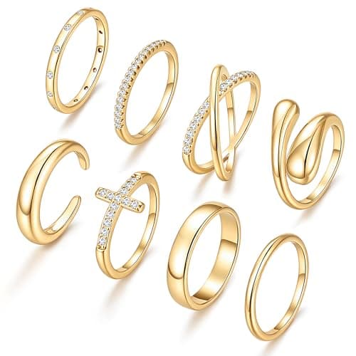 iF YOU Non Tarnish Chunky Gold Rings for Women, 14K Gold Plated Dainty Stackable Cross Cubic Zirconia Ring Set, Knuckle Stacking Statement Wedding Bands Jewelry Gift Idea for Mom Wife Size 7
