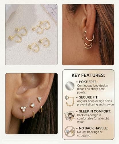 Backless Half Hoop Earrings for Women 14K Gold Plated Clover Drop CZ Charms — view 3