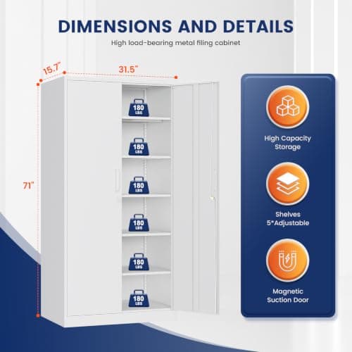 Yizosh Metal Garage Storage Cabinet with 2 Doors and 5 Adjustable Shelves - 71" Steel Lockable File Cabinet,Locking Tool Cabinets for Office,Home,Garage,Gym,School (White) — view 2