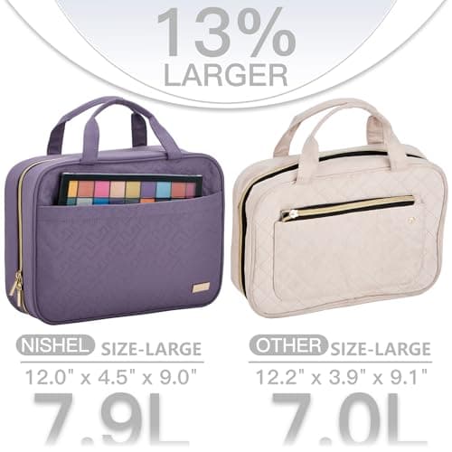 NISHEL Travel Toiletry Bag for women, Portable Hanging Organizer for Full-Sized Shampoo, Conditioner, Brushes Set, Makeup Accessories, Large Size, Purple — view 2
