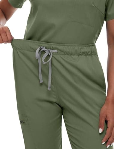 niaahinn Women's Scrub Top with Classic V-Neck & Yoga Jogger Pants Medical Nursing Uniform Set, Olive Green, Small — view 3