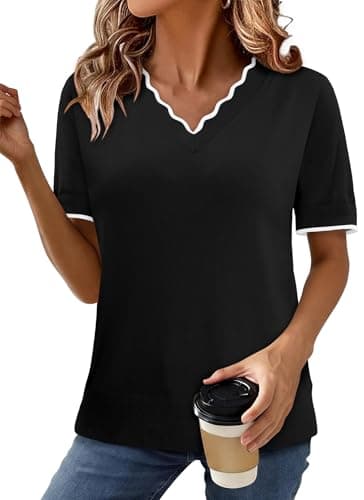 onlypuff Womens Summer V Neck Sweaters Pullover Basic Clothes Cozy Lightweight Sweaters Short Sleeve Tops Black